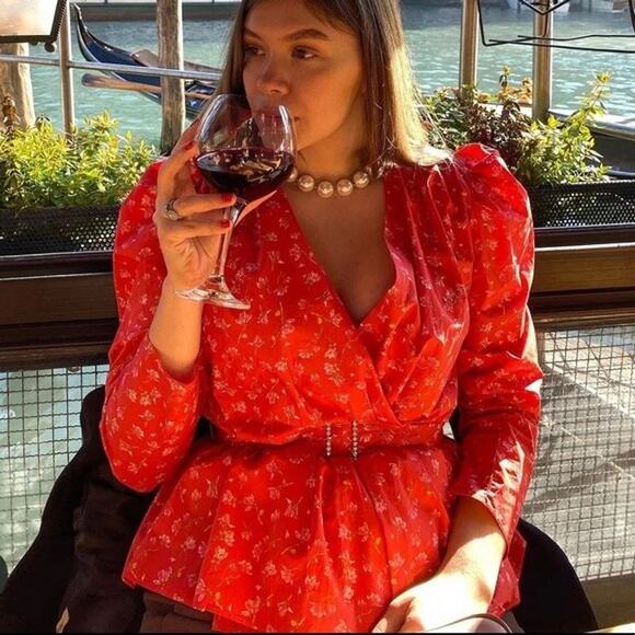 ZARA Red Floral Print Top Blouse With Belt Puff Shoulder Size XL - Picture 3 of 13